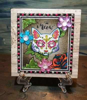 White Cat Sugar Skull Altered Art displayed on Synthetic Wood 4X4 Tile Nice