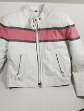 Rare Womens Wht Leather Jacket W/ Solid Pink Stripe With Quilted Poly Lining