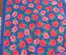 VINTAGE SARAH COVENTRY SCARF with RED, LAVENDER  GREEN ROSES on BLUE 30" ITALY