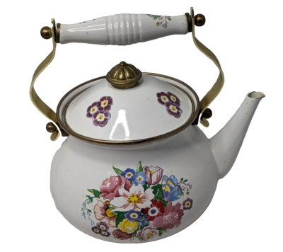Lincoln Ware Enamel and metal Tea Kettle Pot Ceramic Handle Vintage