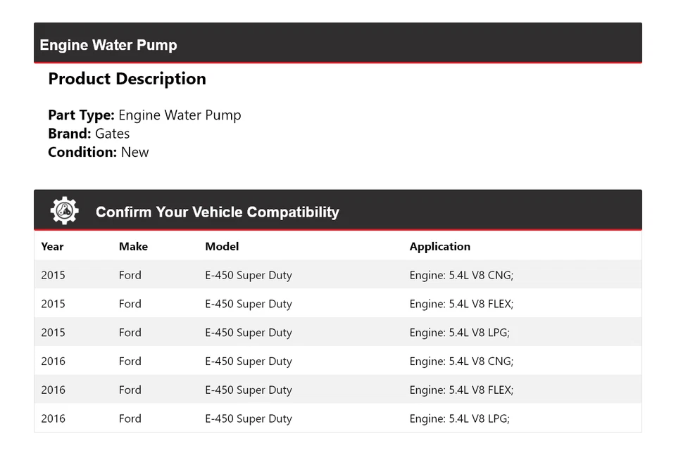 Puertas de bomba de agua para motor Ford E-450 Super Duty 2015-2016 Foto 2 de 4