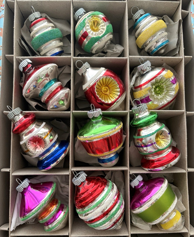 12 Radko 2005 Shiny Brite UFOs Tornados Teardrop Indents  Xmas Ornaments box 3"