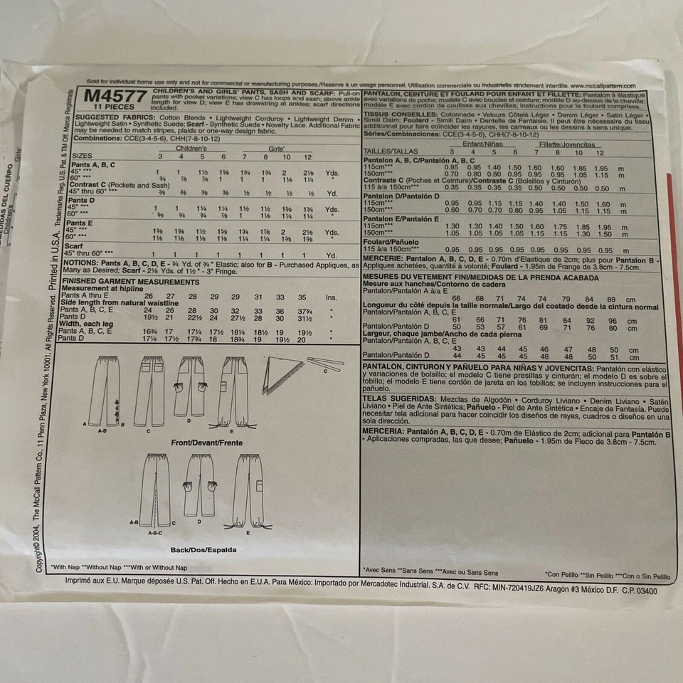 McCalls Pattern 4577 Sizes 7-12 Children & Girls Pants Sash Scarf 2004 - Image 2 of 3