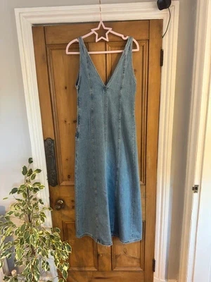 Zara UK Size XS Denim Maxi Dress V Neck Sleeveless Panelled Style - Image 1 of 4