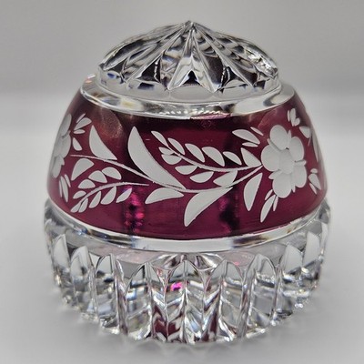 Cut To Crystal Cranberry Red And Clear Paperweight Floral Design