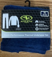NEW ATHLETICS WORKS Boy  s Navy THERMAL UNDERWEAR 2-Pc SET XS 4-5 w THUMBHOLES