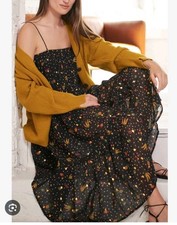 Farm Rio Tiny Fruits Midi Dress Large Black Metallic Chiffon Tropical New!