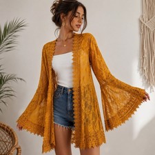 Women's Mesh Fairy Boho Festival Open Front Lace Bell Sleeve Kimono Size Medium