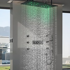 16x32 inch LED Rain Shower Black Thermostatic Faucet Valve Set w/6pcs Body Spray