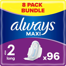 Image of Always Maxi Sanitary Towels with Wings, Size 2, Long, 96 Towels (12 X 8 Packs),