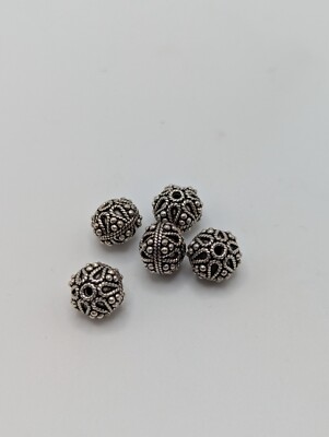 LOT OF 5 BALI SILVER SQUAT 10 MM ROUND BEADS WITH DOTTED FLORAL PATTERN