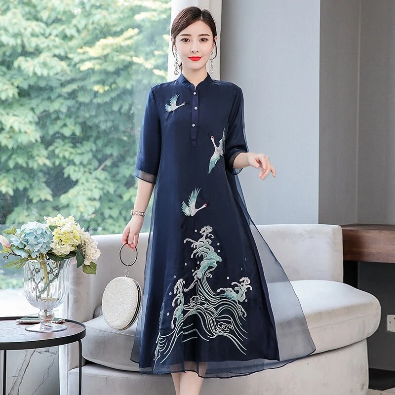 VETEMENTS Camicia midi donna linea A maglia abito bottoni manica 3 4 gru ricamo cinese