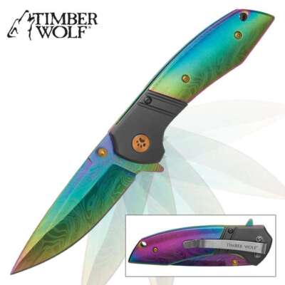Timber Wolf Rainbow Aurora Damascus Etch Spring Assisted Folding Pocket Knife