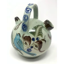 Vintage Noe Suro Tonala Teapot Floral Blue Bird Folk Art Mexico Signed 8x6" RARE