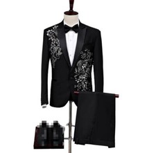 Fashion Mens Flower Decor Suit Dress Formal Stage Casual Wedding Coat pants 2PCS