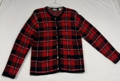 Classic Elements Red & Black Plaid 100% Acrylic Button Up Sweater Size Small