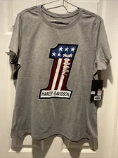 Harley Davidson Wmn's 2XL Gray #1 Logo American Flag Graphic T-Shirt New