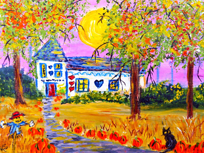 #ad #ad ACEO Halloween Pumpkins Black Cat PRINT of original oil painting 2.5x3.5 $4.00