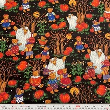 Vintage Kessler for Concord Halloween Bears Black Cotton Fabric Remnant 17 x 44