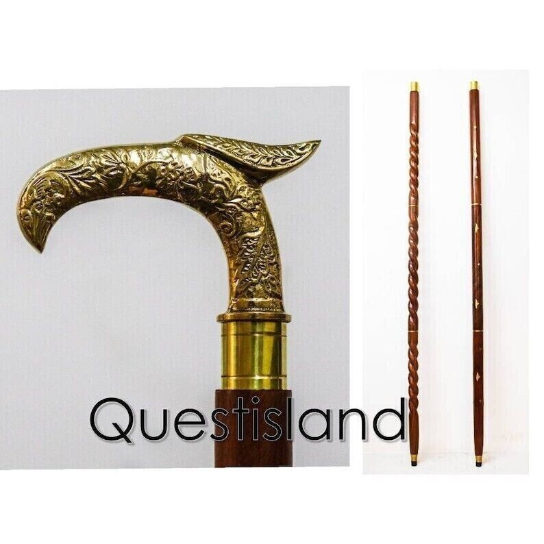 Engraved Solid Brass Eagle Head handle Wooden Wal… - image 5