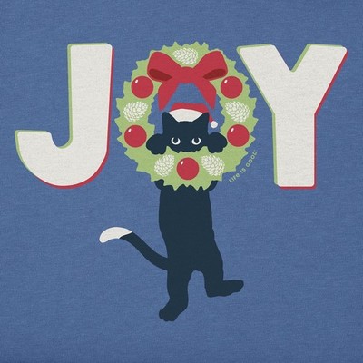 NWT Women's Life is Good Joy Cat Wreath Christmas Blue LS Crusher Vee