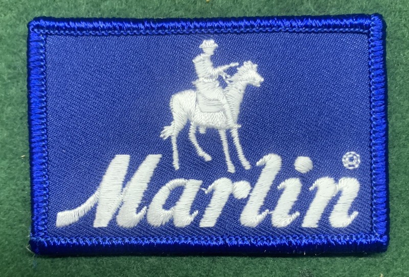 Marlin Blue Patch With Horse & Rider White Font Hook and Loop Style Vintage NOS 