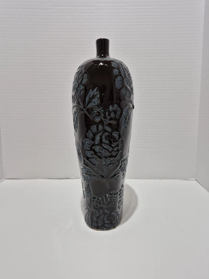 JARRÓN DE HIERBA ESMALTADO EN RELIEVE VINTAGE 13" DE ALTO ARTE DE CERÁMICA DECORATIVO Foto 3 de 4