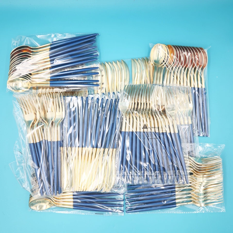 Supernal 180 piezas cubiertos de plástico dorado y azul, cubiertos de plástico dorado con azul Foto 2 de 3