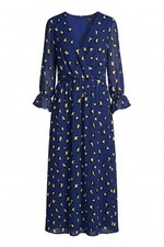 Tahari Royal Blue Leopard Print Chiffon Maxi Dress Faux Wrap Ruffle Cuff SZ 14