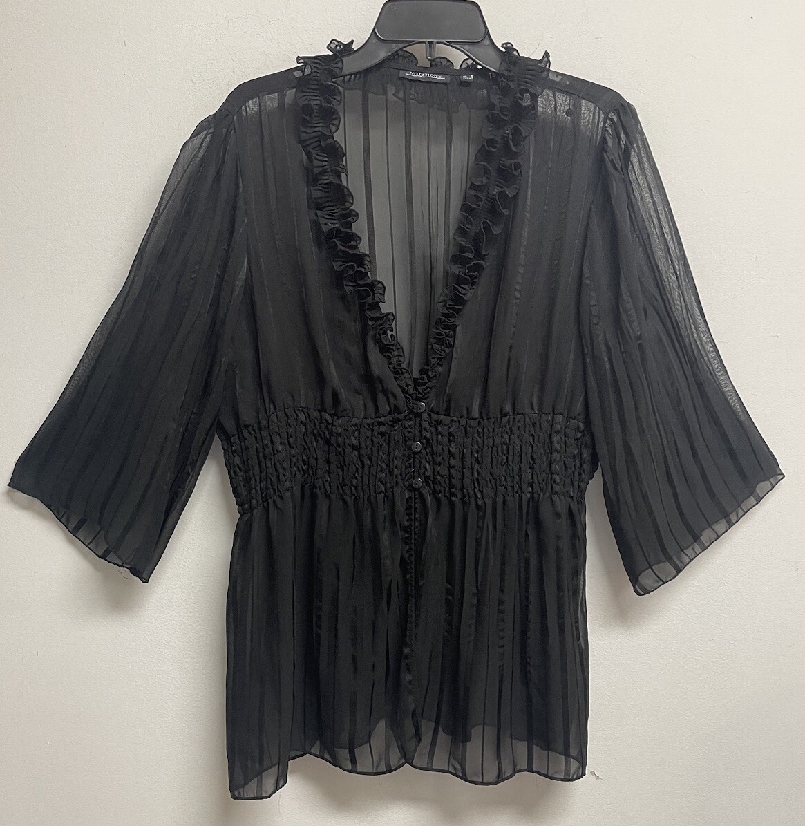 NOTATIONS black Sheer Striped 3/4 Sleeve Smocked Blouse Shirt - Women’s Size XL