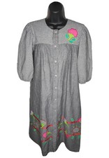 Vtg 80s Saybury S Mumu House Dress Button Patchwork Embroidered Gingham Plaid