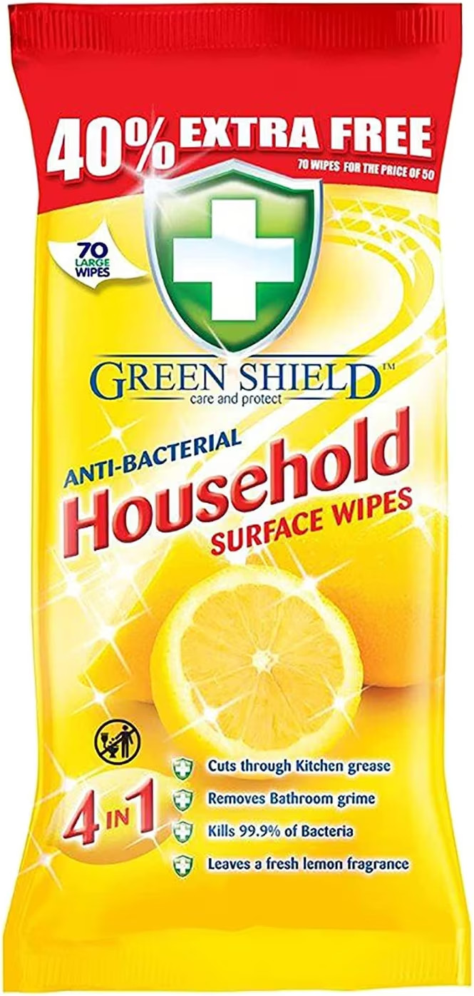 3 x GREEN SHIELD 70 LARGE HOUSEHOLD 99.9% ANTI BACTERIAL SURFACE LEMON WIPES - Image 2