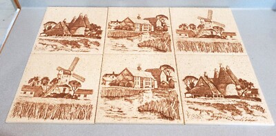 Set of 6 H & R Johnson Cristal Tiles 6 X 6  English Country Harmony Windmill
