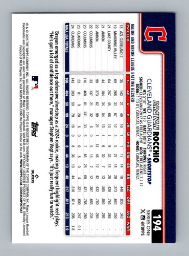 2025 Topps Baseball Series 1 #194 Brayan Rocchio, Cleveland Guardians - Picture 2 of 2