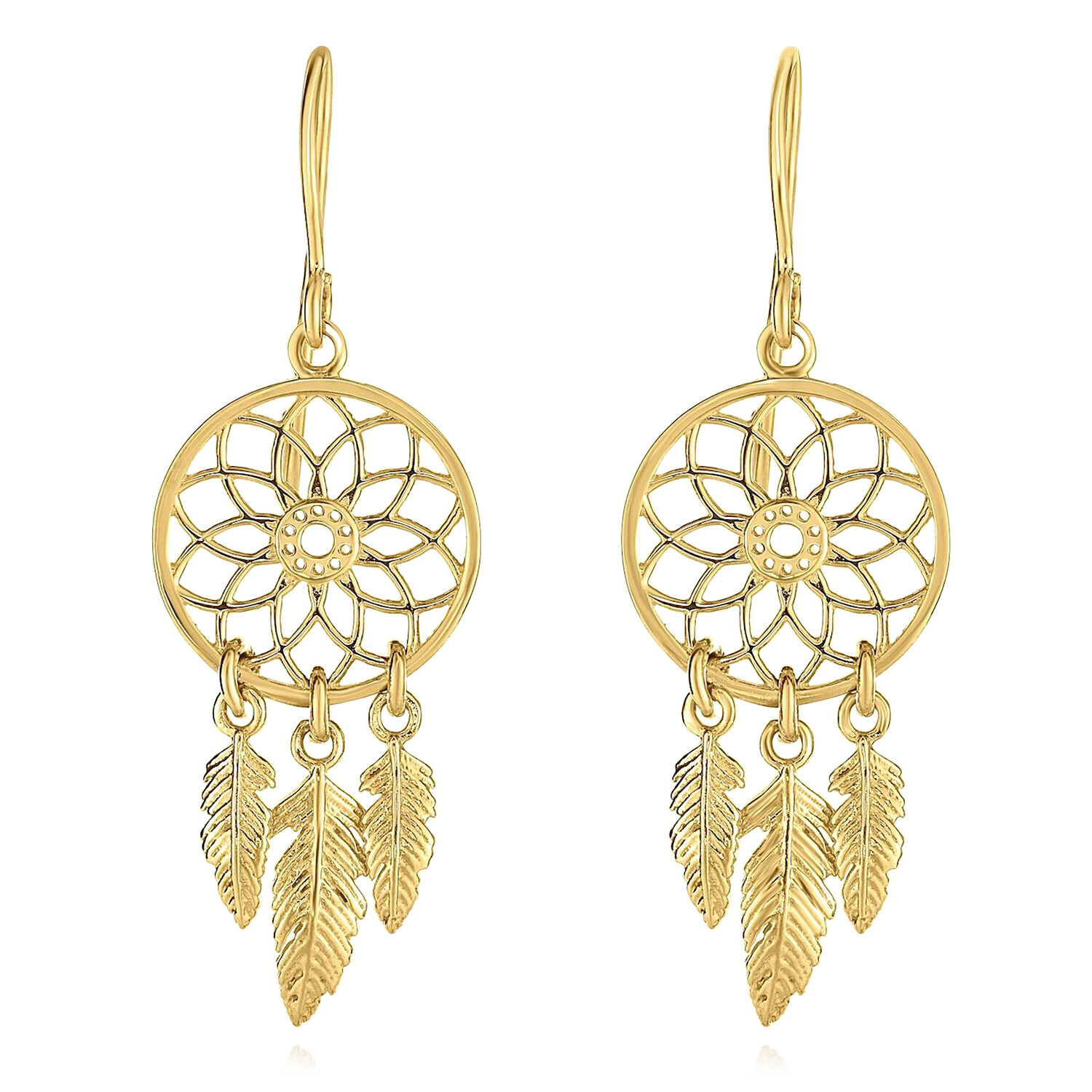 14K Gold Chandelier Feathers Dreamcatcher Tassel Drop Down Earrings 32mm