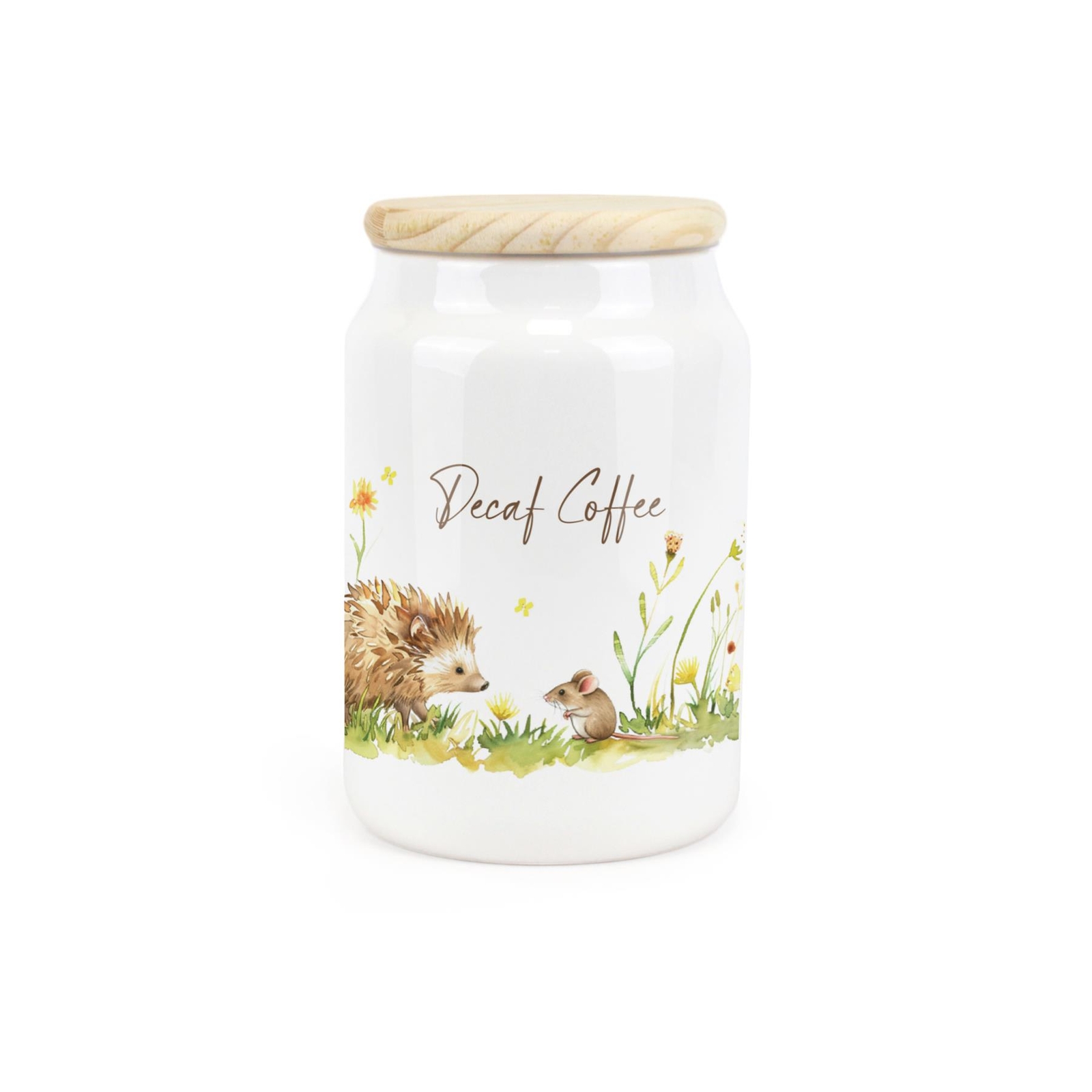 Ceramic Tapered Hedgehogs & Mouse Canister - Wildlife Decaf Coffee Container