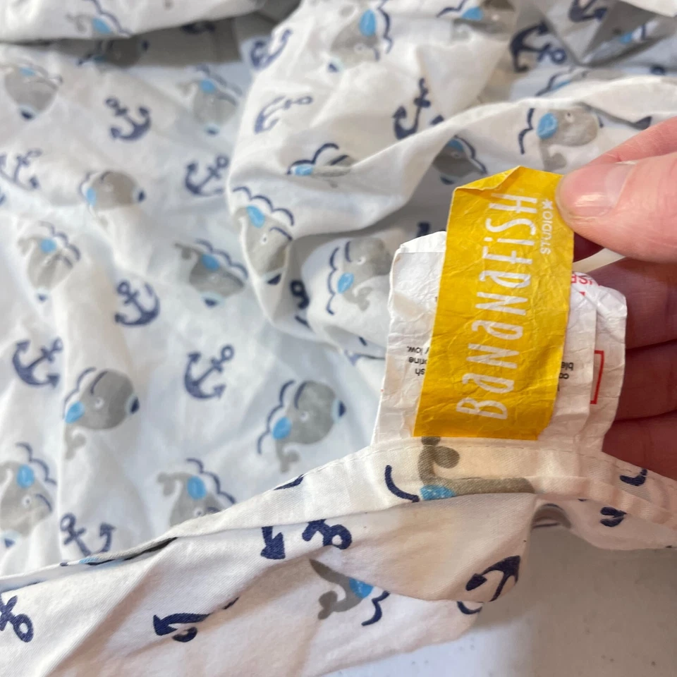 Sábana bajera cuna plátano gris azul ballenas 100% algodón clásico moderno Foto 2 de 4