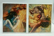 Two Julie Bell Fantasy Prints Framed Under Glass 8 x 10 Woman Zebra and Lion
