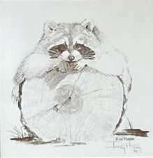 Ray Harm “Raccoon On A Log” Original Print Under Glass Hand Signed 1984 RARE