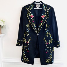 Stella Louise For Kb Long Black Colorful Embroidered Faux Soft Suede Jacket ~22w