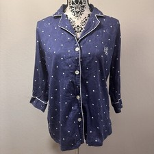 Lauren Ralph Lauren Women s Pajama Top Size M Button Blu Polka Dot 3/4 Sleeve