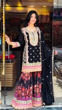 New Trending Black Chinon Silk Kurta Palazzo With Dupatta For Reception  Party