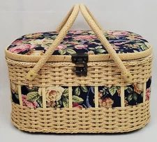 VTG Woven Sewing Basket Floral Padded Lined Handles Latch 14" X 10" X 8"