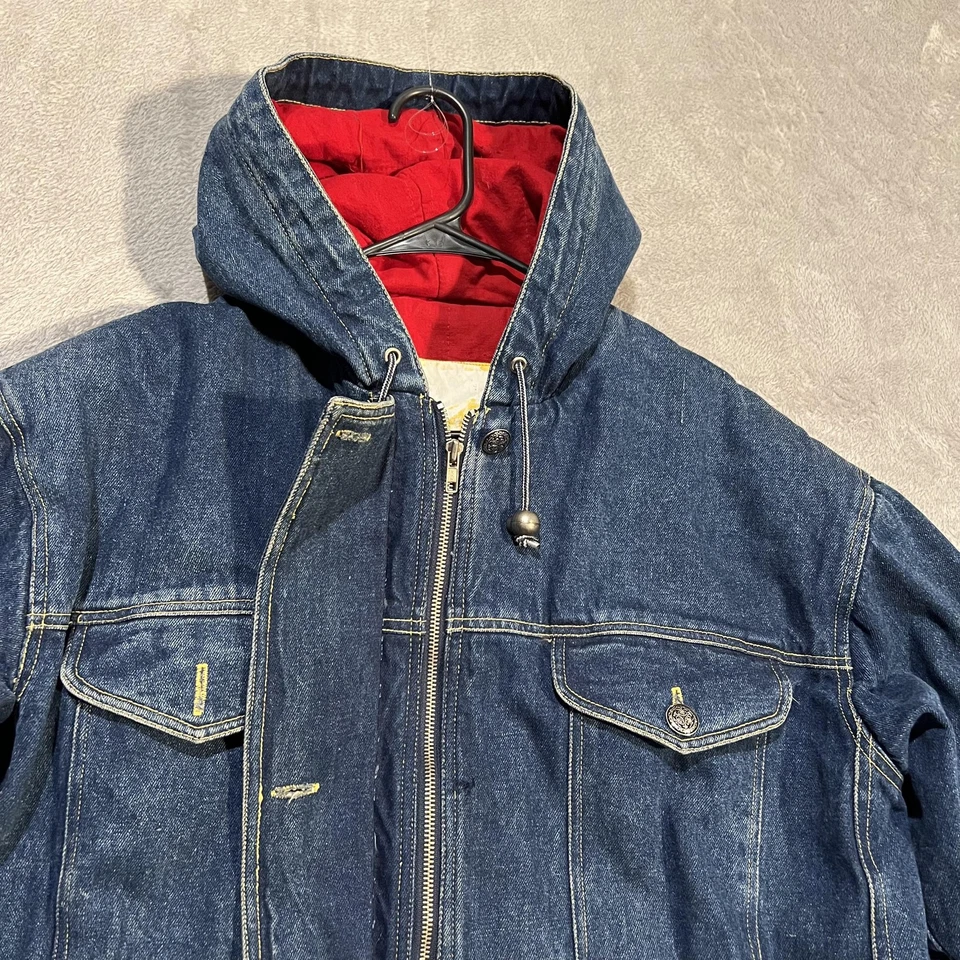 Denim Parka Jacket Womens Medium Blue Hooded Insulated Zip Pockets Red Lining - Image 3 of 4