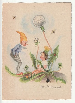 Postcard a dwarf with a personalized dandelion, Herta water fight old!
