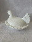 Vintage INDIANA GLASS COMPANY White Milk Glass Chicken On A Basket