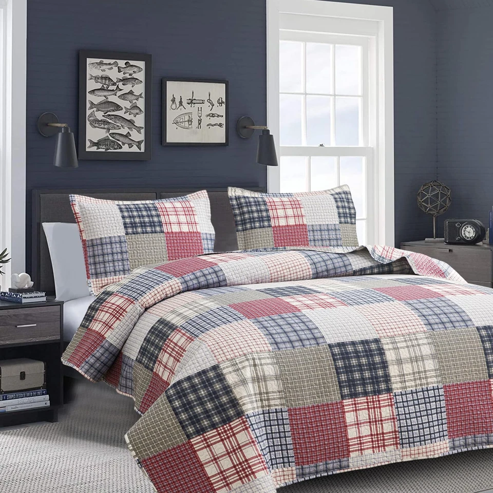 Juego de colcha edredón a cuadros tamaño king - niños/hombres rojo, azul, blanco pla... Foto 2 de 4