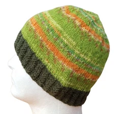 Men's Alpaca Wool Beanie Skully Hand Knit Hat Thin Faux Fair Isle Green Orange