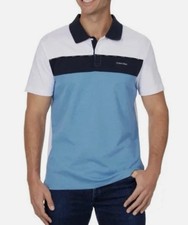 Calvin Klein Polo Shirt, S, White Blue, Quick Dry Wicking Split Hem Short Sleeve