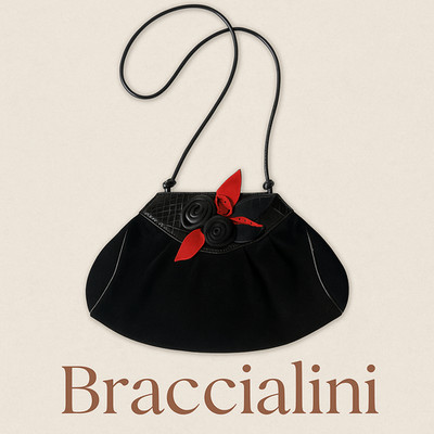 Braccialini Vintage Evening Bag Suede Black Red Roses Crossbody Italy